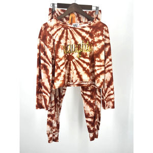 Saturdaze Pajama Set Naughty Tie Dye Rust Cream Pants and Cropped Top Sequins L